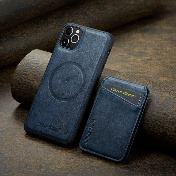 For iPhone 11 Pro Max Fierre Shann Cowhide Vertical Flip Magnetic Card Holder Phone Case(Blue) - iPhone 11 Pro Max Cases by FIERRE SHANN | Online Shopping UK | buy2fix