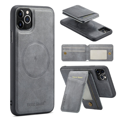 For iPhone 11 Pro Max Fierre Shann Cowhide Vertical Flip Magnetic Card Holder Phone Case(Grey) - iPhone 11 Pro Max Cases by FIERRE SHANN | Online Shopping UK | buy2fix