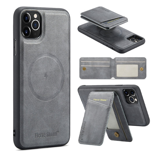 For iPhone 11 Pro Max Fierre Shann Cowhide Vertical Flip Magnetic Card Holder Phone Case(Grey) - iPhone 11 Pro Max Cases by FIERRE SHANN | Online Shopping UK | buy2fix