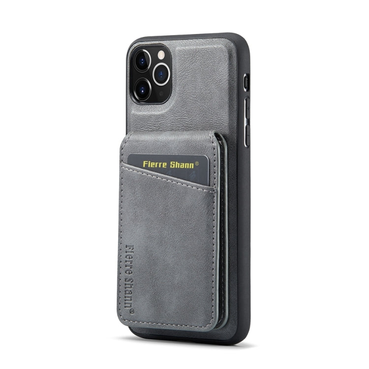 For iPhone 11 Pro Max Fierre Shann Cowhide Vertical Flip Magnetic Card Holder Phone Case(Grey) - iPhone 11 Pro Max Cases by FIERRE SHANN | Online Shopping UK | buy2fix