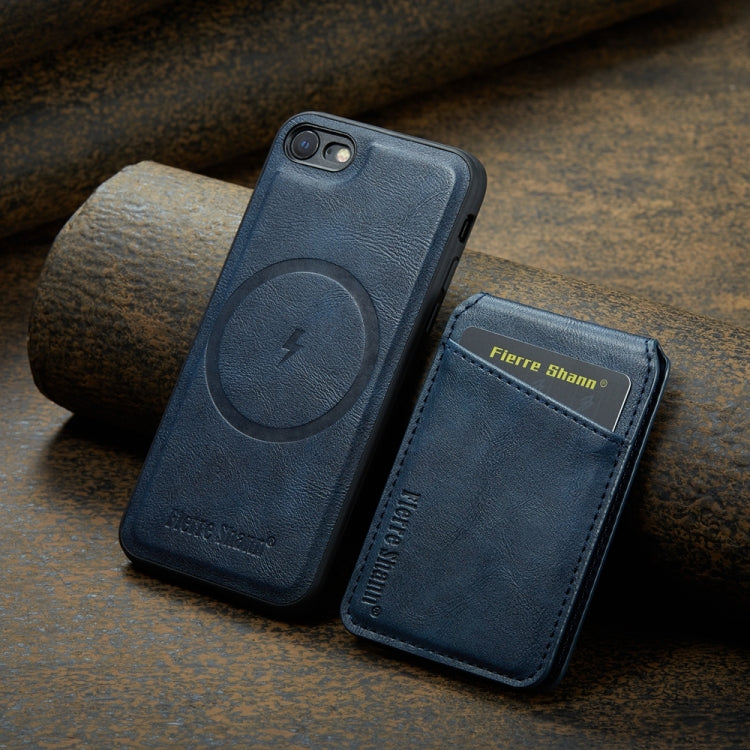 For iPhone SE 2022 / SE 2020 / 8 / 7 Fierre Shann Cowhide Vertical Flip Magnetic Card Holder Phone Case(Blue) - iPhone SE 2022 / 2020 / 8 / 7 Cases by FIERRE SHANN | Online Shopping UK | buy2fix