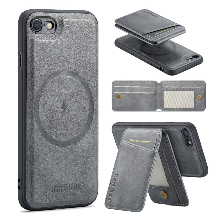 For iPhone SE 2022 / SE 2020 / 8 / 7 Fierre Shann Cowhide Vertical Flip Magnetic Card Holder Phone Case(Grey) - iPhone SE 2022 / 2020 / 8 / 7 Cases by FIERRE SHANN | Online Shopping UK | buy2fix