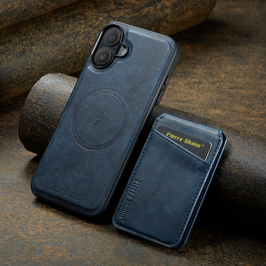 For iPhone 16 Fierre Shann Cowhide Vertical Flip Magnetic Card Holder Phone Case(Blue) by FIERRE SHANN