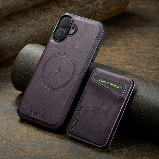 For iPhone 16 Fierre Shann Cowhide Vertical Flip Magnetic Card Holder Phone Case(Purple) by FIERRE SHANN