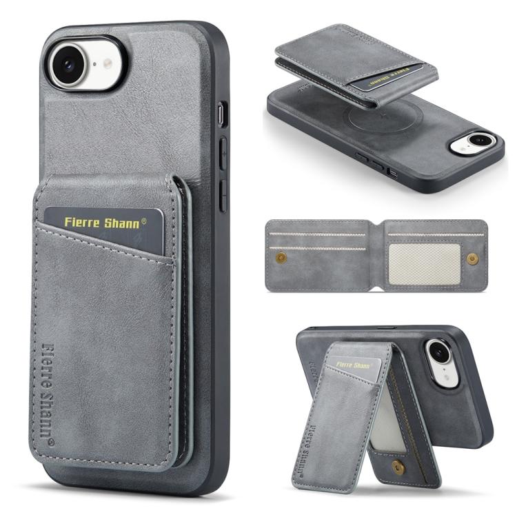 For iPhone 16e Fierre Shann Cowhide Vertical Flip Magnetic Card Holder Phone Case(Grey) - iPhone 16e Cases by FIERRE SHANN | Online Shopping UK | buy2fix