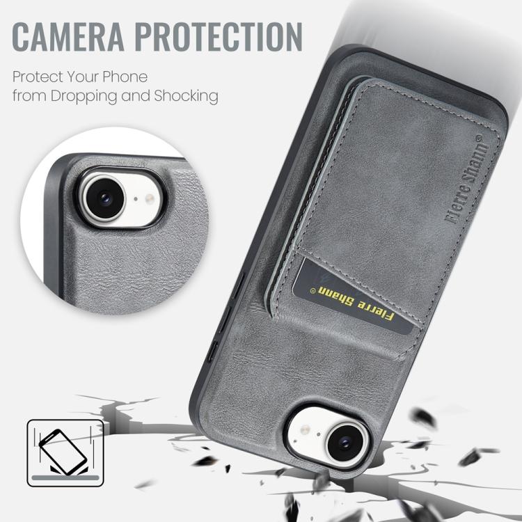 For iPhone 16e Fierre Shann Cowhide Vertical Flip Magnetic Card Holder Phone Case(Grey) - iPhone 16e Cases by FIERRE SHANN | Online Shopping UK | buy2fix