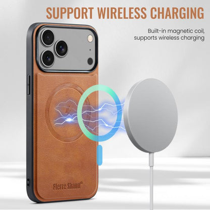 For iPhone 17 Pro Max Fierre Shann Cowhide Vertical Flip Magnetic Card Holder Phone Case(Brown) - iPhone 17 Pro Max Cases by FIERRE SHANN | Online Shopping UK | buy2fix