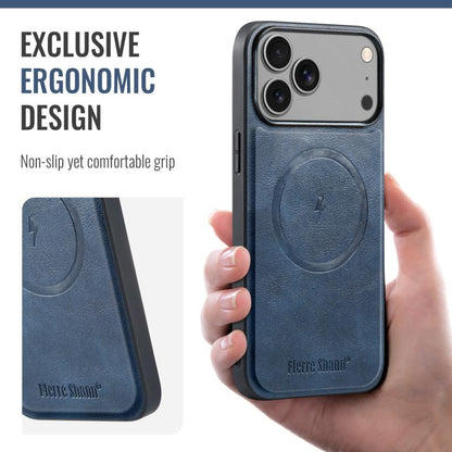 For iPhone 17 Pro Max Fierre Shann Cowhide Vertical Flip Magnetic Card Holder Phone Case(Blue) - iPhone 17 Pro Max Cases by FIERRE SHANN | Online Shopping UK | buy2fix