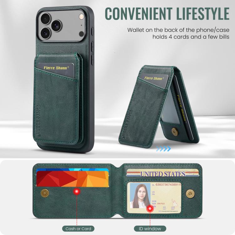 For iPhone 17 Pro Fierre Shann Cowhide Vertical Flip Magnetic Card Holder Phone Case(Green) - iPhone 17 Pro Cases by FIERRE SHANN | Online Shopping UK | buy2fix