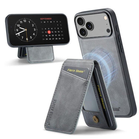 For iPhone 17 Pro Fierre Shann Cowhide Vertical Flip Magnetic Card Holder Phone Case(Grey) - iPhone 17 Pro Cases by FIERRE SHANN | Online Shopping UK | buy2fix