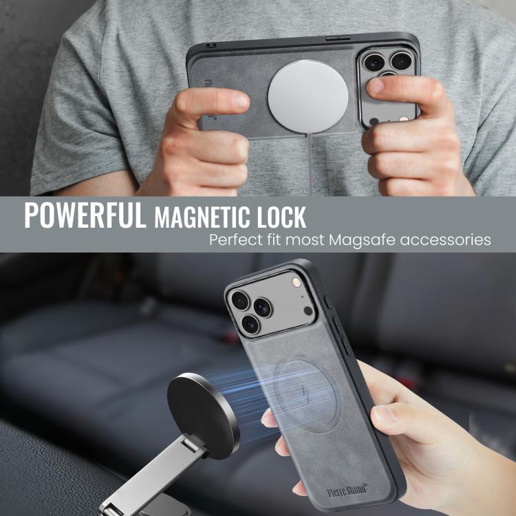 For iPhone 17 Pro Fierre Shann Cowhide Vertical Flip Magnetic Card Holder Phone Case(Grey) - iPhone 17 Pro Cases by FIERRE SHANN | Online Shopping UK | buy2fix