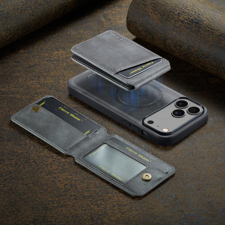 For iPhone 17 Pro Fierre Shann Cowhide Vertical Flip Magnetic Card Holder Phone Case(Grey) - iPhone 17 Pro Cases by FIERRE SHANN | Online Shopping UK | buy2fix