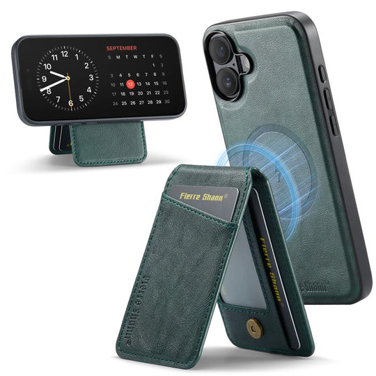 For iPhone 17 Fierre Shann Cowhide Vertical Flip Magnetic Card Holder Phone Case(Green)