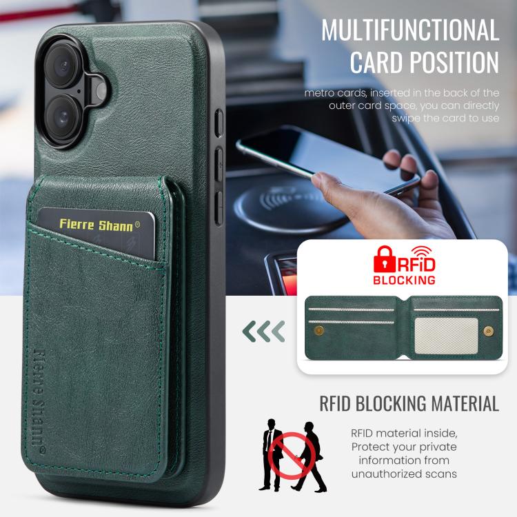 For iPhone 17 Fierre Shann Cowhide Vertical Flip Magnetic Card Holder Phone Case(Green) - iPhone 17 Cases by FIERRE SHANN | Online Shopping UK | buy2fix