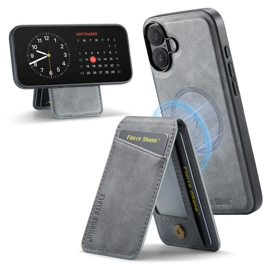 For iPhone 17 Fierre Shann Cowhide Vertical Flip Magnetic Card Holder Phone Case(Grey) - iPhone 17 Cases by FIERRE SHANN | Online Shopping UK | buy2fix