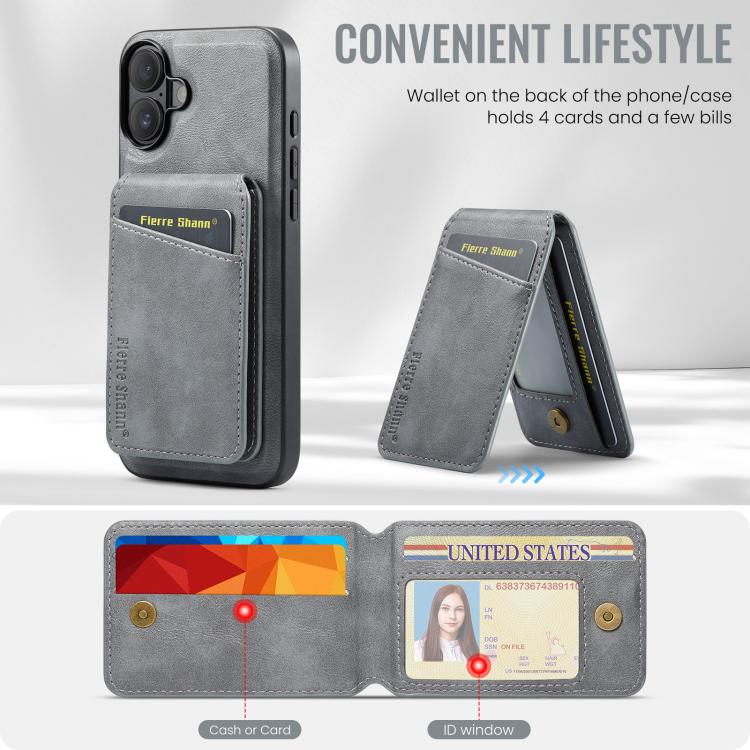 For iPhone 17 Fierre Shann Cowhide Vertical Flip Magnetic Card Holder Phone Case(Grey) - iPhone 17 Cases by FIERRE SHANN | Online Shopping UK | buy2fix