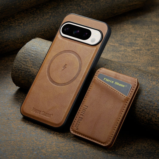 For Google Pixel 9 Pro Fierre Shann Cowhide Vertical Flip Magnetic Card Holder Phone Case(Brown) by FIERRE SHANN