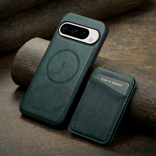 For Google Pixel 9 Pro Fierre Shann Cowhide Vertical Flip Magnetic Card Holder Phone Case(Green) by FIERRE SHANN
