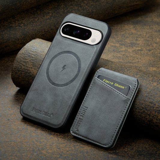 For Google Pixel 9 Fierre Shann Cowhide Vertical Flip Magnetic Card Holder Phone Case(Grey) by FIERRE SHANN