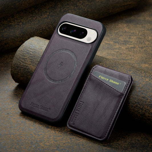 For Google Pixel 9 Fierre Shann Cowhide Vertical Flip Magnetic Card Holder Phone Case(Purple) by FIERRE SHANN