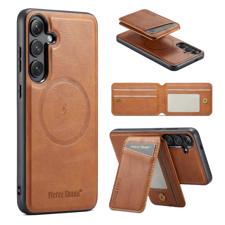For Samsung Galaxy S23 FE 5G Fierre Shann Cowhide Vertical Flip Magnetic Card Holder Phone Case(Brown) - Galaxy S23 FE 5G Cases by FIERRE SHANN | Online Shopping UK | buy2fix
