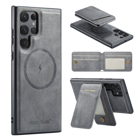 For Samsung Galaxy S24 Ultra 5G Fierre Shann Cowhide Vertical Flip Magnetic Card Holder Phone Case(Grey)