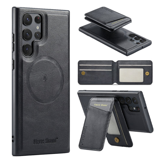 For Samsung Galaxy S23 Ultra 5G Fierre Shann Cowhide Vertical Flip Magnetic Card Holder Phone Case(Black)