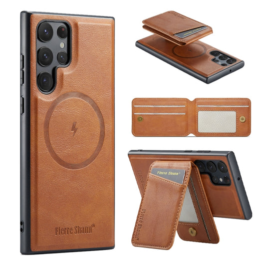 For Samsung Galaxy S23 Ultra 5G Fierre Shann Cowhide Vertical Flip Magnetic Card Holder Phone Case(Brown) - Galaxy S23 Ultra 5G Cases by FIERRE SHANN | Online Shopping UK | buy2fix