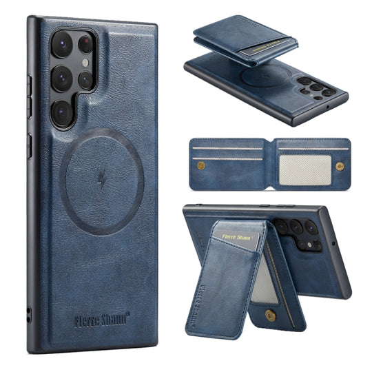 For Samsung Galaxy S23 Ultra 5G Fierre Shann Cowhide Vertical Flip Magnetic Card Holder Phone Case(Blue)