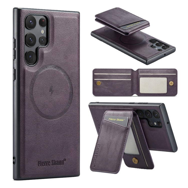 For Samsung Galaxy S23 Ultra 5G Fierre Shann Cowhide Vertical Flip Magnetic Card Holder Phone Case(Purple) - Galaxy S23 Ultra 5G Cases by FIERRE SHANN | Online Shopping UK | buy2fix