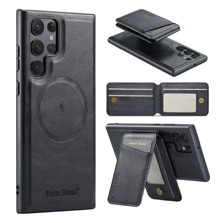 For Samsung Galaxy S22 Ultra 5G Fierre Shann Cowhide Vertical Flip Magnetic Card Holder Phone Case(Black) - Galaxy S22 Ultra 5G Cases by FIERRE SHANN | Online Shopping UK | buy2fix