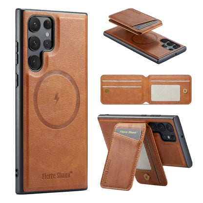 For Samsung Galaxy S22 Ultra 5G Fierre Shann Cowhide Vertical Flip Magnetic Card Holder Phone Case(Brown) - Galaxy S22 Ultra 5G Cases by FIERRE SHANN | Online Shopping UK | buy2fix