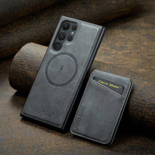 For Samsung Galaxy S22 Ultra 5G Fierre Shann Cowhide Vertical Flip Magnetic Card Holder Phone Case(Grey) - Galaxy S22 Ultra 5G Cases by FIERRE SHANN | Online Shopping UK | buy2fix