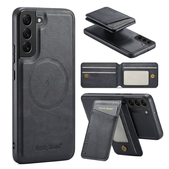 For Samsung Galaxy S22 5G Fierre Shann Cowhide Vertical Flip Magnetic Card Holder Phone Case(Black)