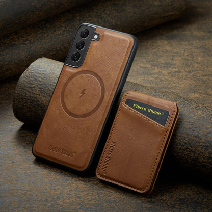 For Samsung Galaxy S22 5G Fierre Shann Cowhide Vertical Flip Magnetic Card Holder Phone Case(Brown) - Galaxy S22 5G Cases by FIERRE SHANN | Online Shopping UK | buy2fix