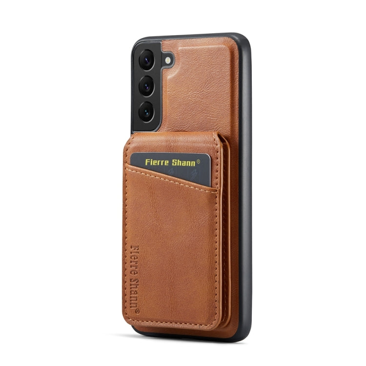 For Samsung Galaxy S22 5G Fierre Shann Cowhide Vertical Flip Magnetic Card Holder Phone Case(Brown) - Galaxy S22 5G Cases by FIERRE SHANN | Online Shopping UK | buy2fix