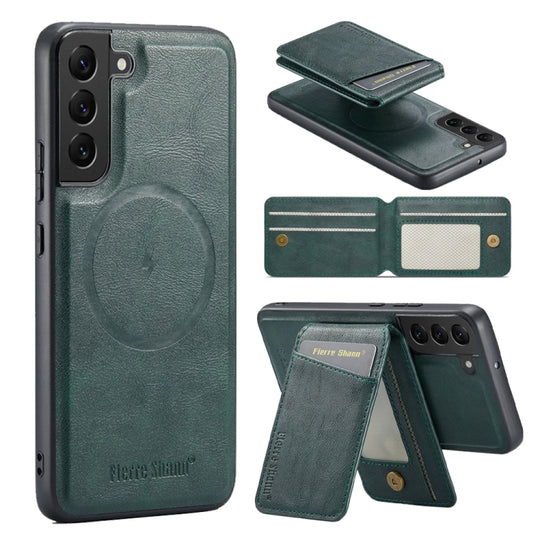 For Samsung Galaxy S22 5G Fierre Shann Cowhide Vertical Flip Magnetic Card Holder Phone Case(Green)
