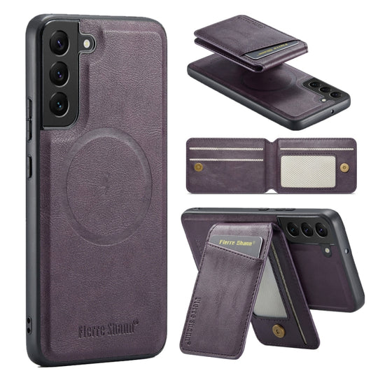 For Samsung Galaxy S22 5G Fierre Shann Cowhide Vertical Flip Magnetic Card Holder Phone Case(Purple)