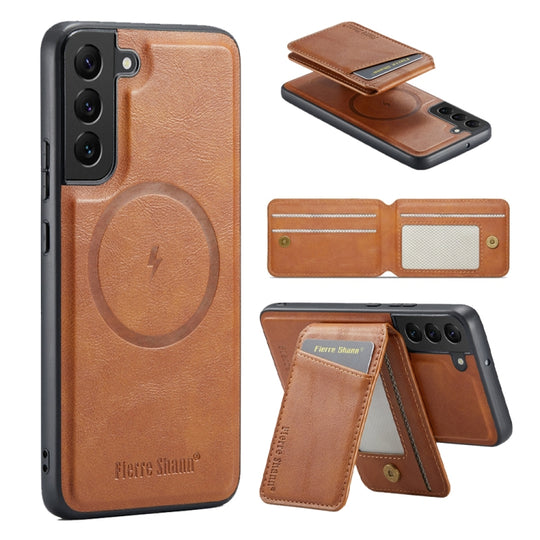 For Galaxy S22+ 5G Fierre Shann Cowhide Vertical Flip Magnetic Card Holder Phone Case(Brown)