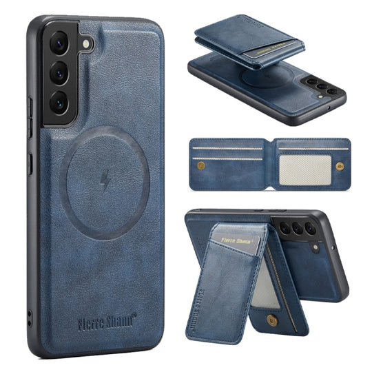 For Galaxy S22+ 5G Fierre Shann Cowhide Vertical Flip Magnetic Card Holder Phone Case(Blue)