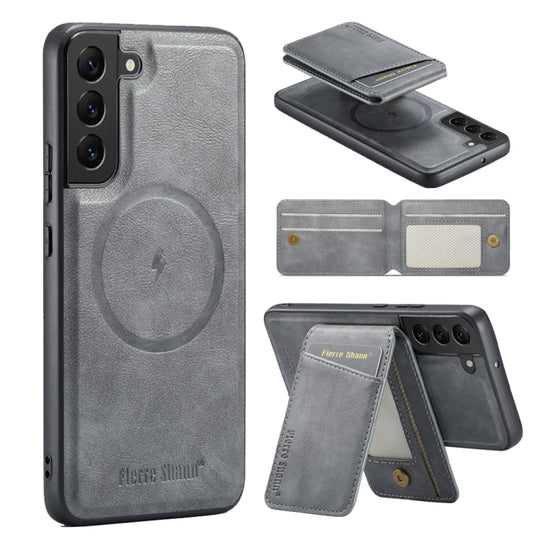 For Galaxy S22+ 5G Fierre Shann Cowhide Vertical Flip Magnetic Card Holder Phone Case(Grey)