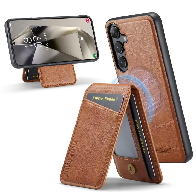 For Samsung Galaxy S25 5G Fierre Shann Cowhide Vertical Flip Magnetic Card Holder Phone Case(Brown) - Galaxy S25 5G Cases by FIERRE SHANN | Online Shopping UK | buy2fix