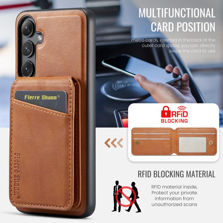 For Samsung Galaxy S25 5G Fierre Shann Cowhide Vertical Flip Magnetic Card Holder Phone Case(Brown) - Galaxy S25 5G Cases by FIERRE SHANN | Online Shopping UK | buy2fix