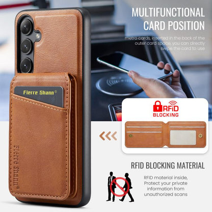 For Samsung Galaxy S25 5G Fierre Shann Cowhide Vertical Flip Magnetic Card Holder Phone Case(Brown) - Galaxy S25 5G Cases by FIERRE SHANN | Online Shopping UK | buy2fix