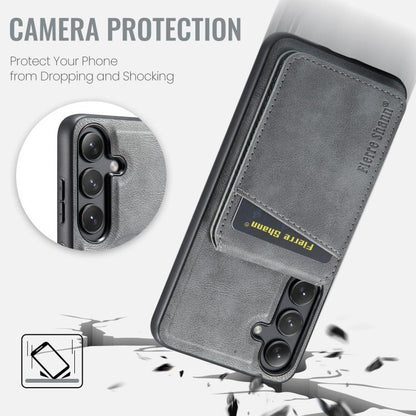 For Samsung Galaxy S25 5G Fierre Shann Cowhide Vertical Flip Magnetic Card Holder Phone Case(Grey) - Galaxy S25 5G Cases by FIERRE SHANN | Online Shopping UK | buy2fix