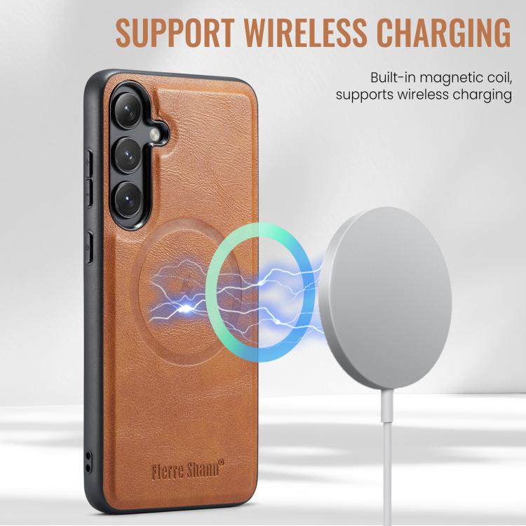 For Samsung Galaxy S25+ 5G Fierre Shann Cowhide Vertical Flip Magnetic Card Holder Phone Case(Brown) - Galaxy S25+ 5G Cases by FIERRE SHANN | Online Shopping UK | buy2fix