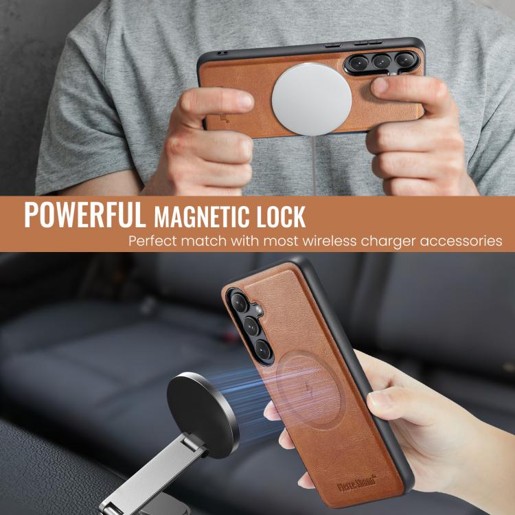 For Samsung Galaxy S25+ 5G Fierre Shann Cowhide Vertical Flip Magnetic Card Holder Phone Case(Brown) - Galaxy S25+ 5G Cases by FIERRE SHANN | Online Shopping UK | buy2fix