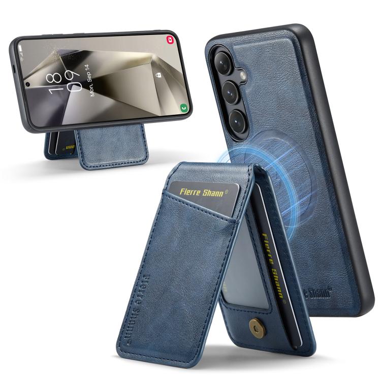 For Samsung Galaxy S25+ 5G Fierre Shann Cowhide Vertical Flip Magnetic Card Holder Phone Case(Blue) - Galaxy S25+ 5G Cases by FIERRE SHANN | Online Shopping UK | buy2fix