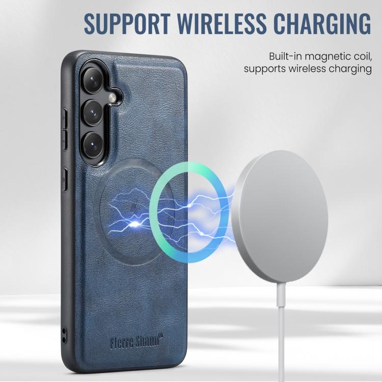 For Samsung Galaxy S25+ 5G Fierre Shann Cowhide Vertical Flip Magnetic Card Holder Phone Case(Blue) - Galaxy S25+ 5G Cases by FIERRE SHANN | Online Shopping UK | buy2fix
