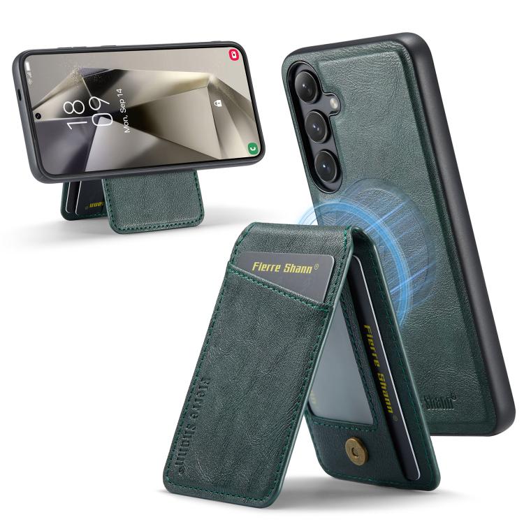 For Samsung Galaxy S25+ 5G Fierre Shann Cowhide Vertical Flip Magnetic Card Holder Phone Case(Green) - Galaxy S25+ 5G Cases by FIERRE SHANN | Online Shopping UK | buy2fix